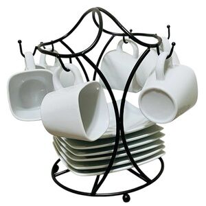 B. Smith White Ceramic Espresso Cups & Saucers Set of 6 Black Metal Storage Rack